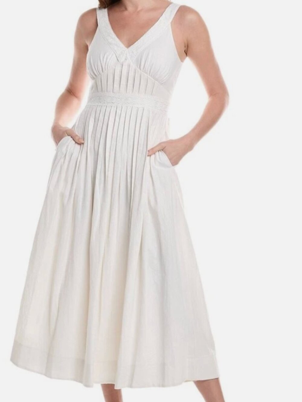 Taylor V-Neck Lace-Trim Pleated A-Line Dress 16 Eggshell - NWT